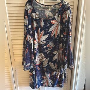 Tacera 3x Floral Bell Sleeve Dress Blue & Coral